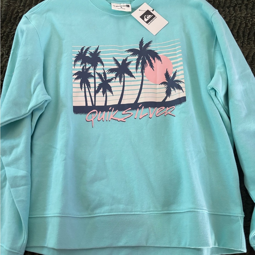 NWT Quiksilver Turquoise Tropics Vintage Palm Tree Design Surf Sweatshirt M